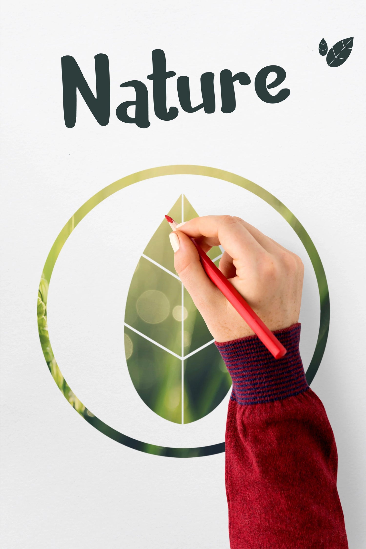 Kırmızı kalemle yaprak ve doğa temalı çevre dostu tasarım çizen el