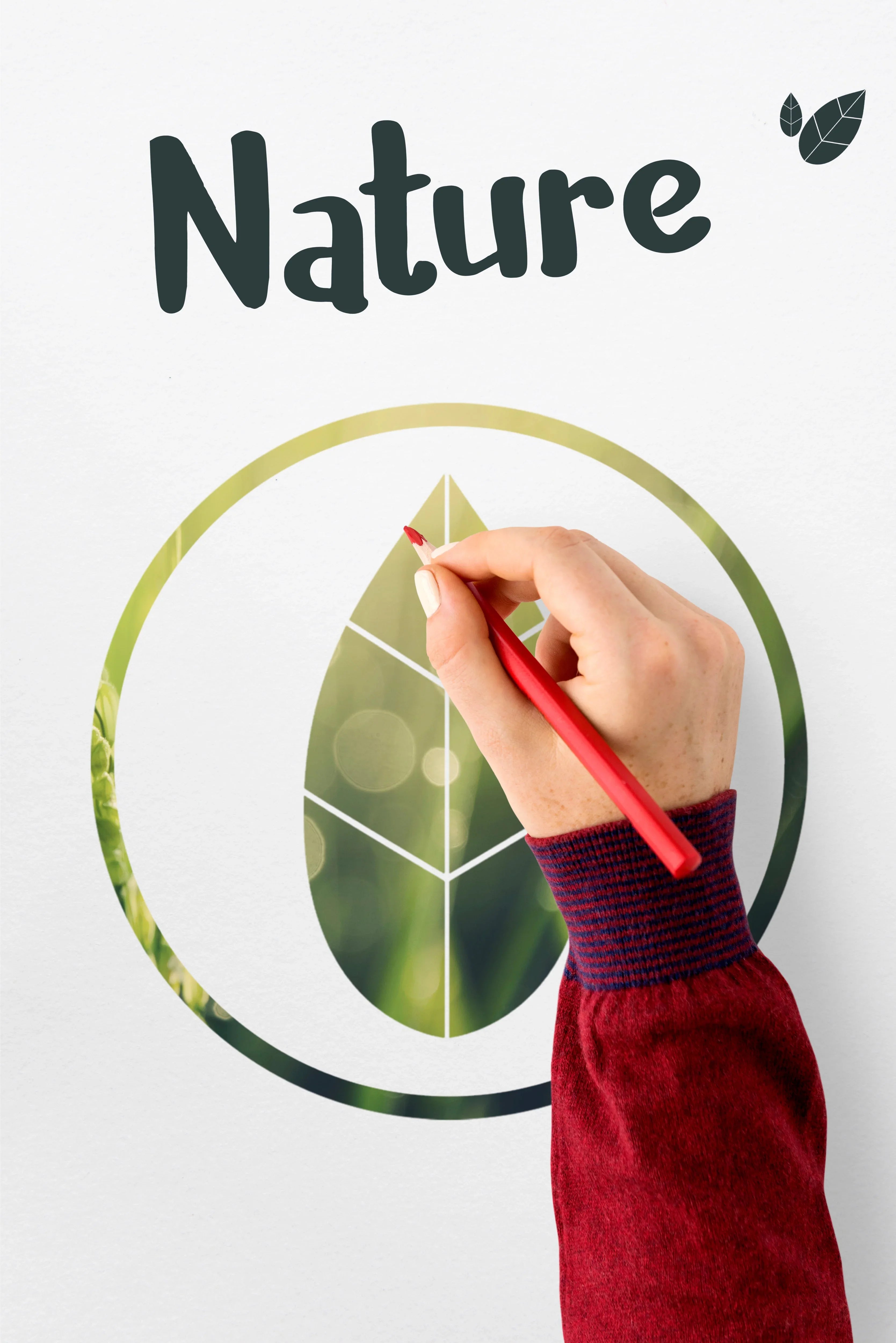 Kırmızı kalemle yaprak ve doğa temalı çevre dostu tasarım çizen el