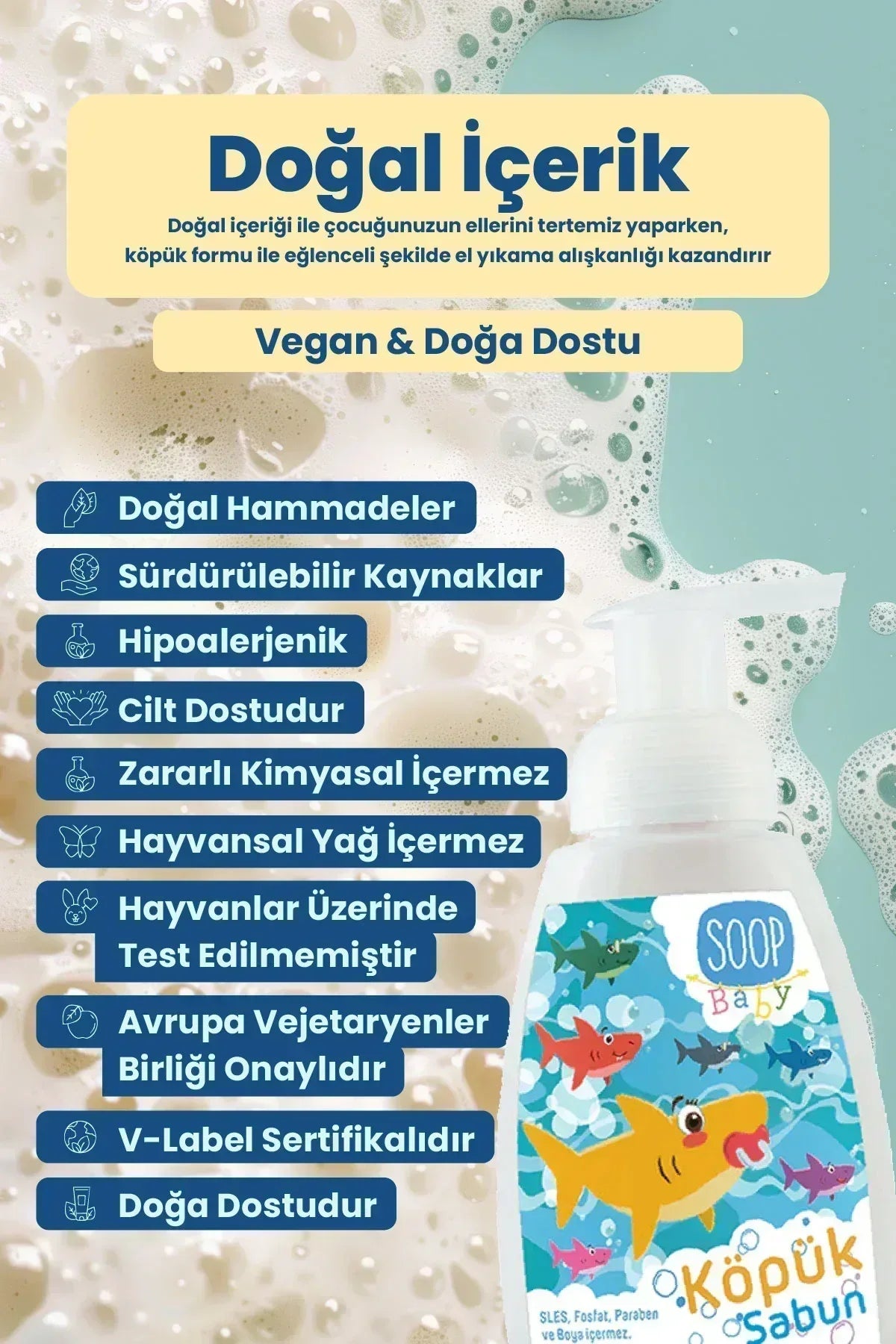 Çocuklar için doğal içerikli Soop Baby köpük sabun, deniz temalı tasarım, vegan ve doğa dostu ürün