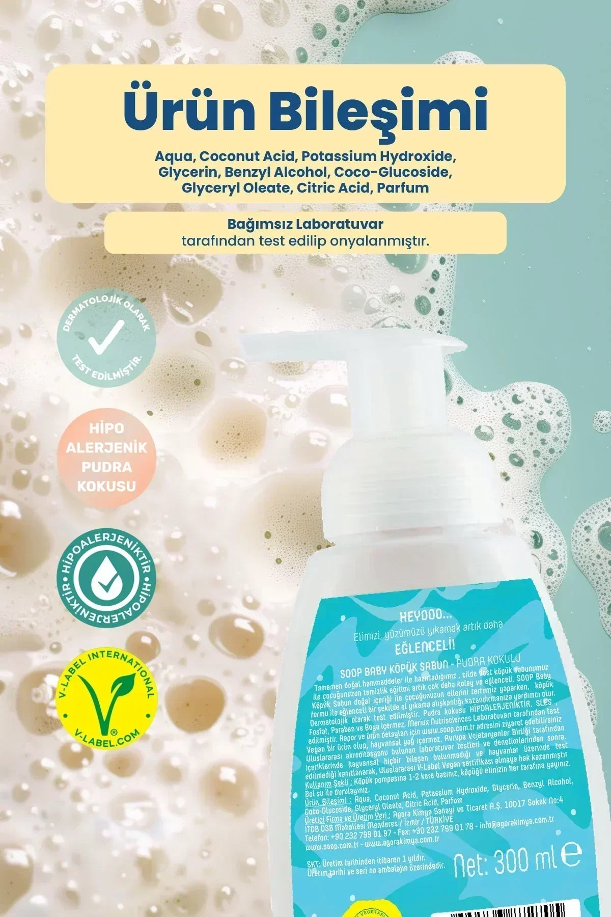 Soop Baby köpük sabun ambalajı ve ürün bileşimi, dermatolojik olarak test edilmiş hipoalerjenik bebek sabunu