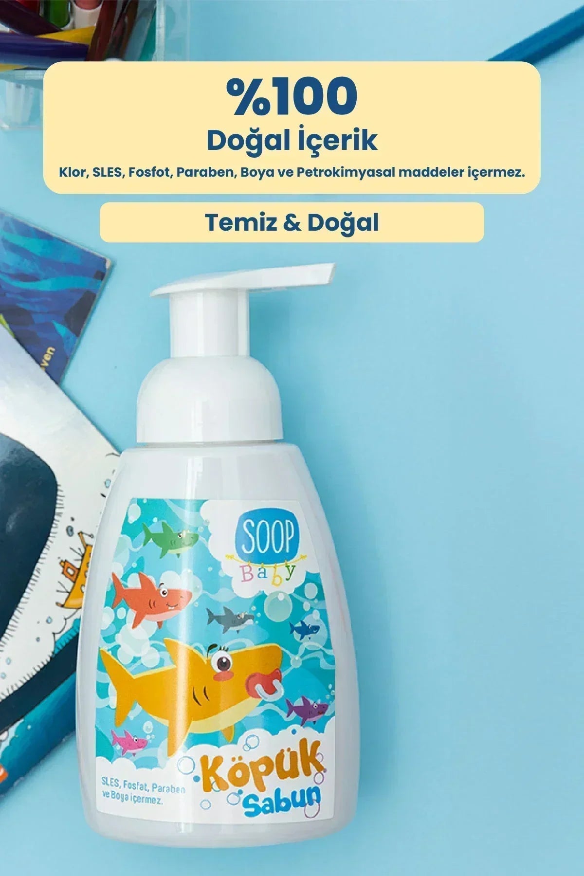 Soop Baby bebek köpük sabun şişesi, renkli köpek balığı tasarımı ile temiz ve doğal içerik