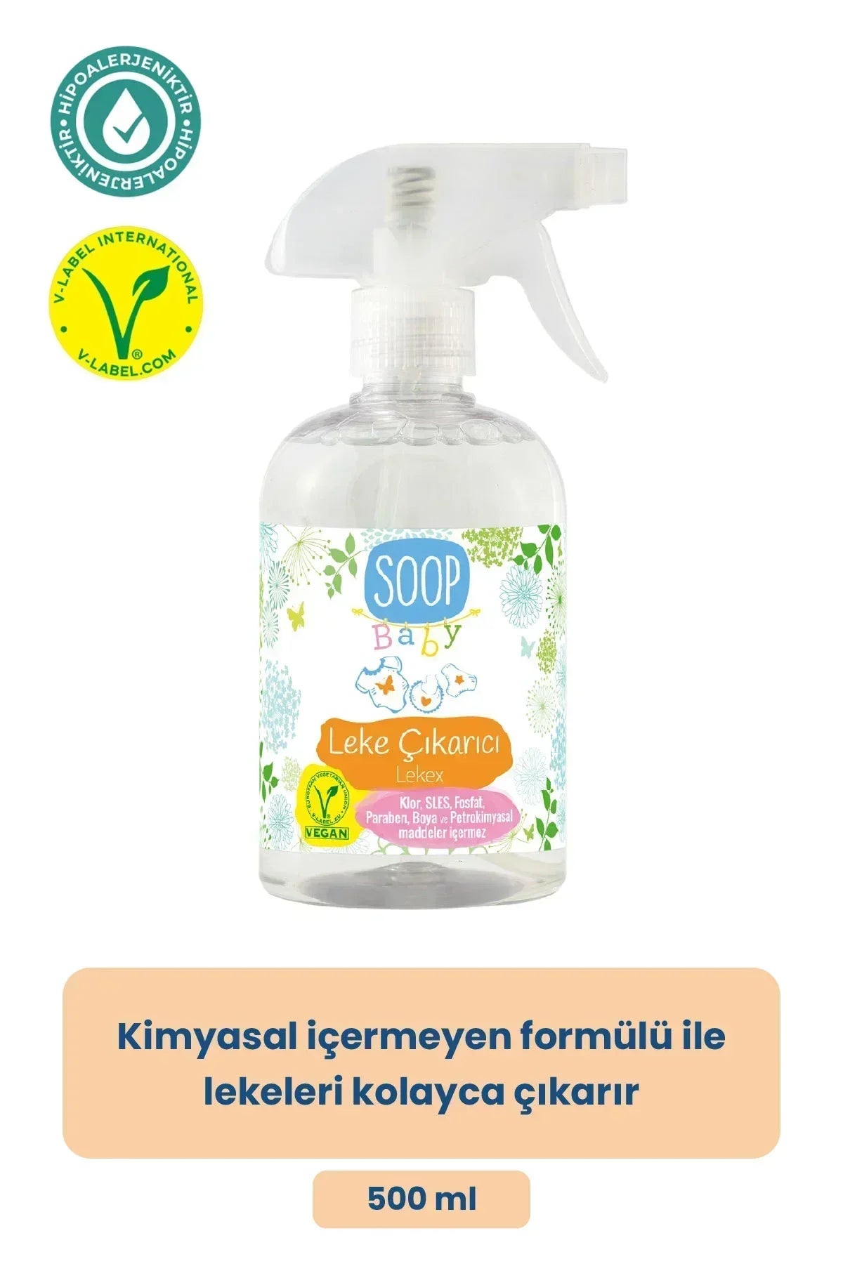Soop Baby bebek leke çıkarıcı sprey, kimyasal içermeyen formül, 500 ml, vegan etiketli