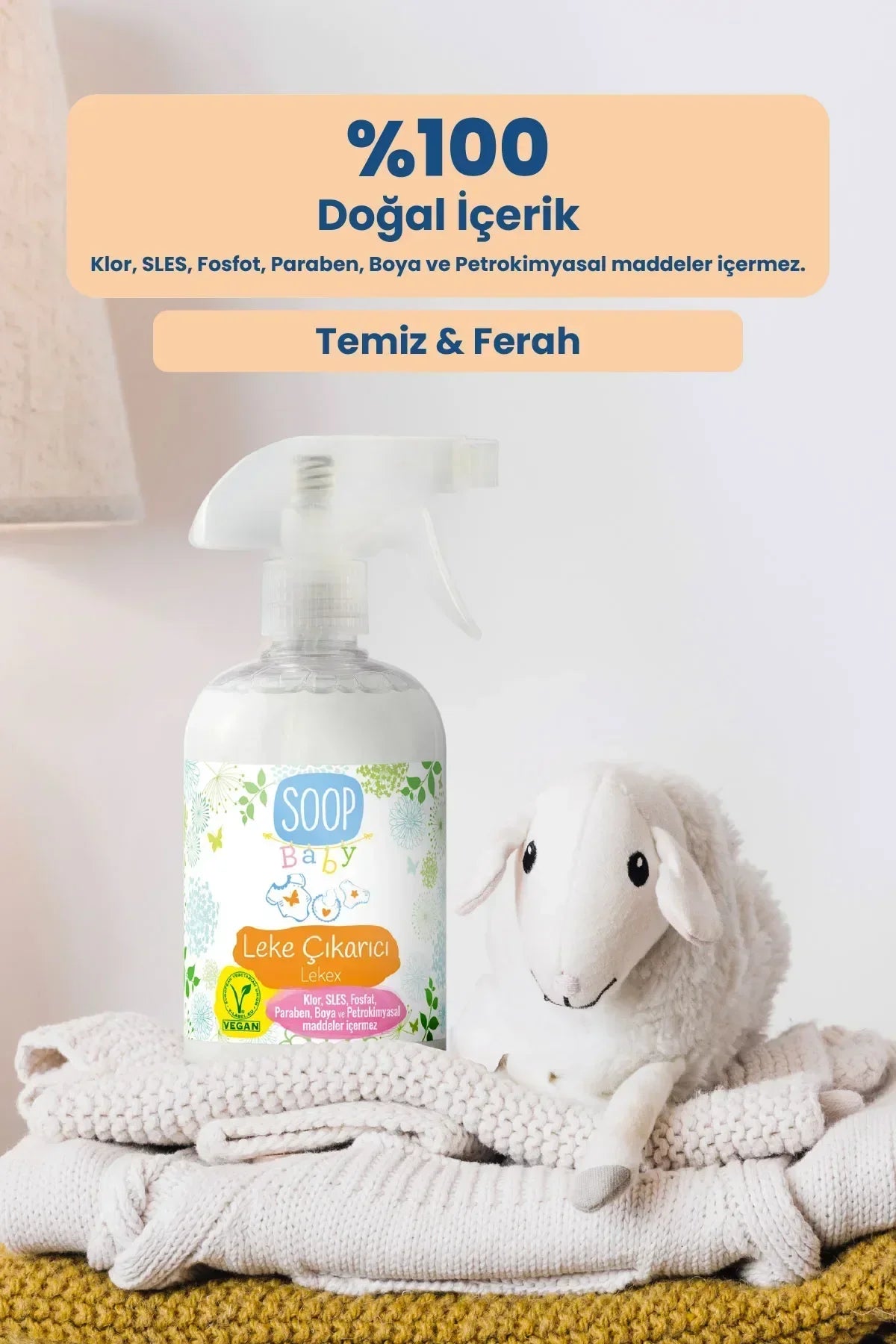 Soop Baby doğal içerikli leke çıkarıcı sprey, yumuşak oyuncak koyun ve katlanmış örgü kumaşlar üzerinde