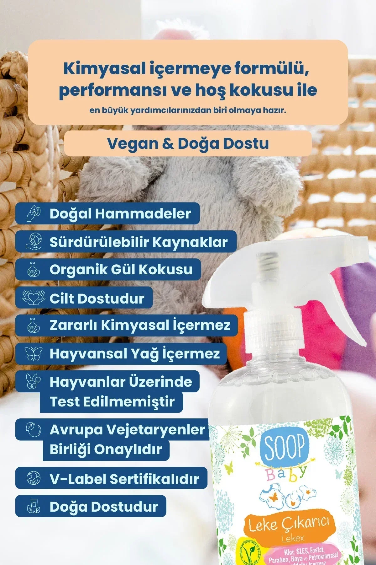 Soop Baby leke çıkarıcı sprey şişesi, doğal, vegan, hayvanlar üzerinde test edilmemiş, organik gül kokulu çocuklara özel leke çıkarıcı.