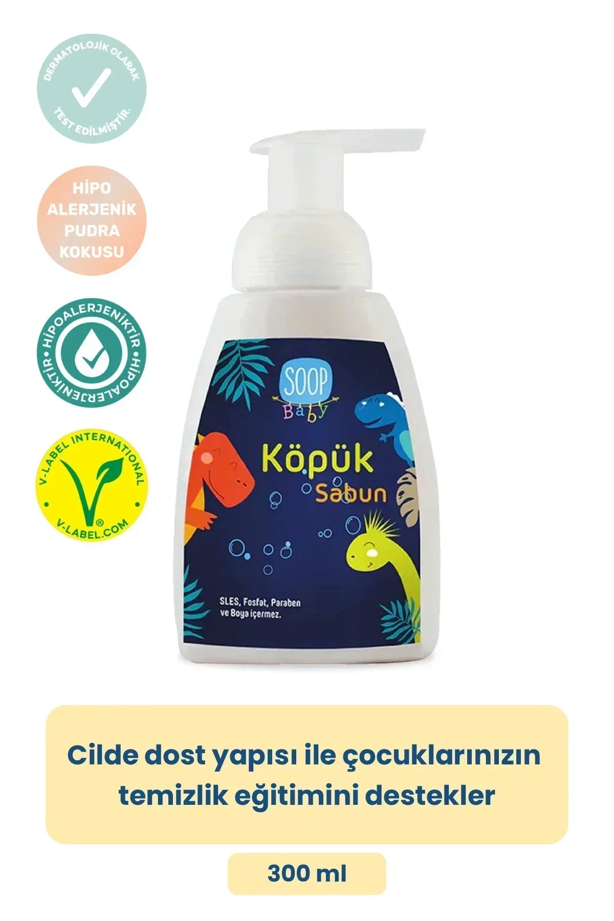 Soop Baby köpük sabun 300 ml, çocuklar için cilde dost, hipoalerjenik, dinozor desenli çocuk sabunu