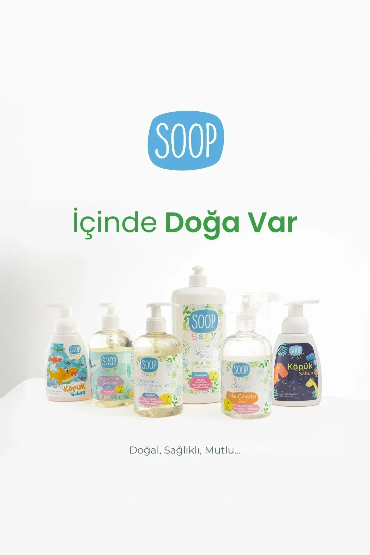 SOOP Baby doğal içerikli bebek bakım ürünleri seti, köpük sabun, şampuan ve leke çıkarıcı