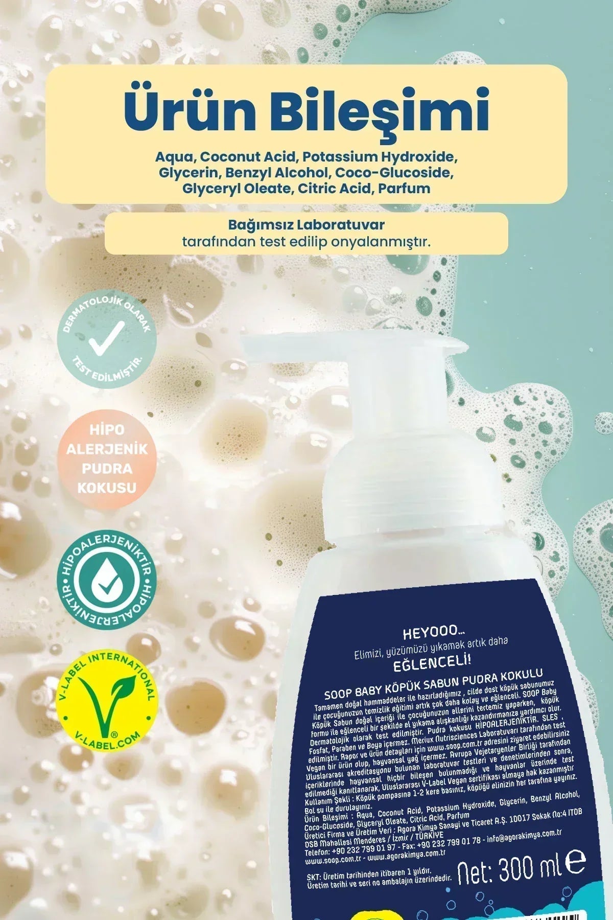 Soop Baby köpük sabun 300 ml şişe arkası ürün bileşimi ve dermatolojik test onayı