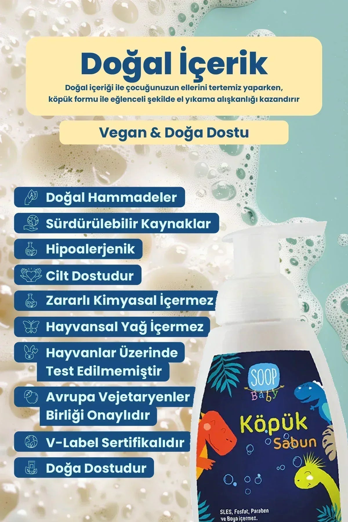 Soop Baby köpük sabun pompalı şişe, doğal, vegan, hipoalerjenik bebek sabunu etiketi ve köpük arka planı