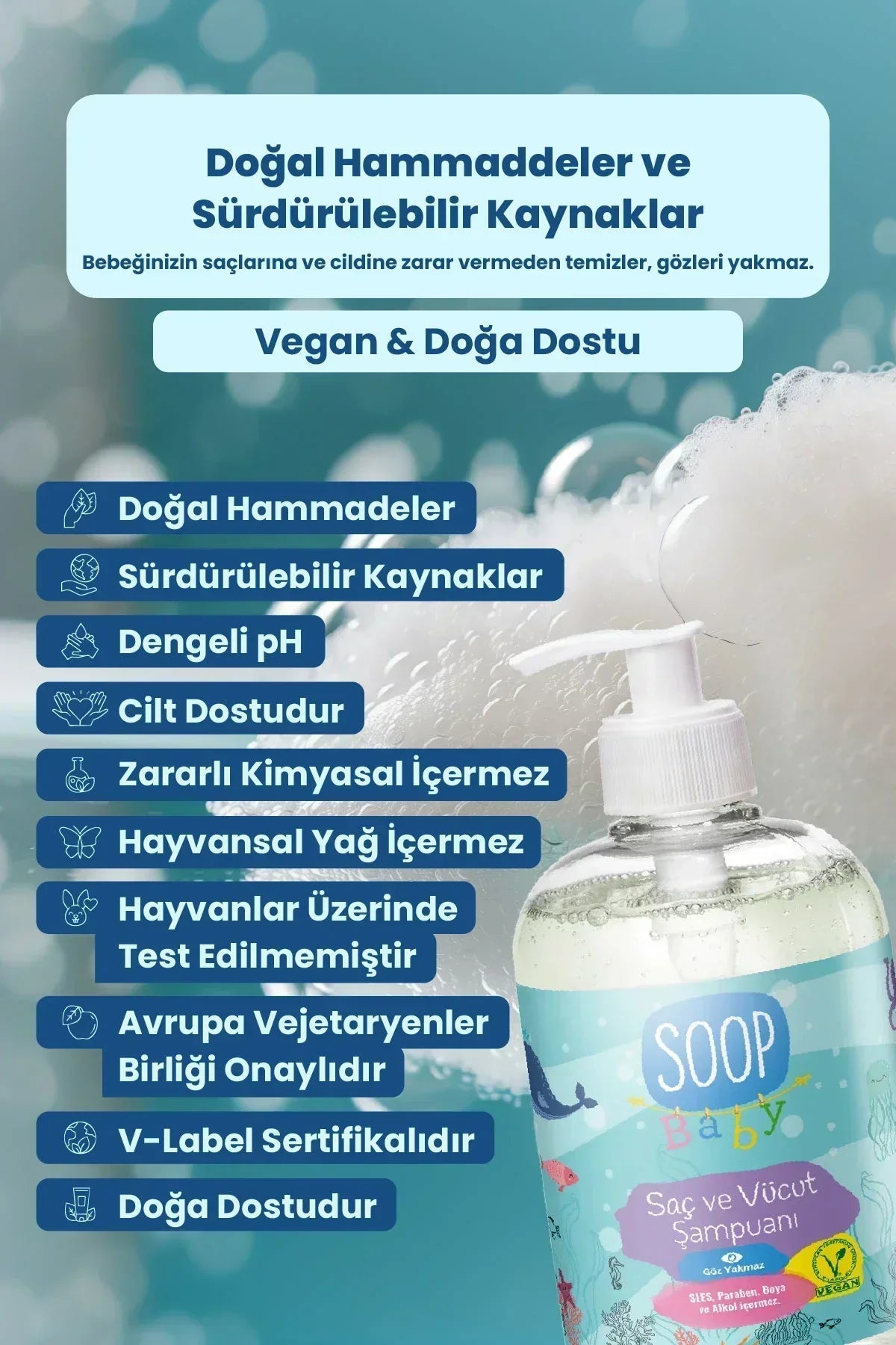 Soop Baby saç ve vücut şampuanı paketi ve doğal, vegan, cilt dostu özellikler listesi