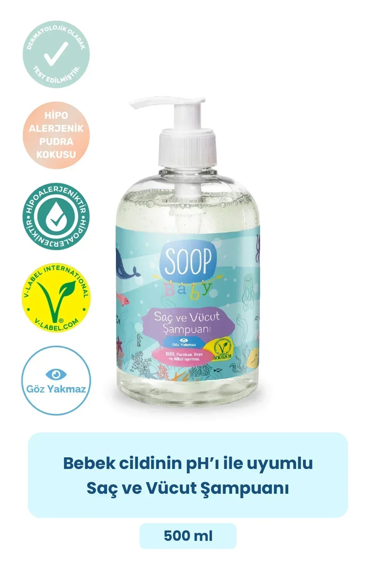 Soop Baby 500 ml saç ve vücut şampuanı, hipoalerjenik, vegan, göz yakmaz