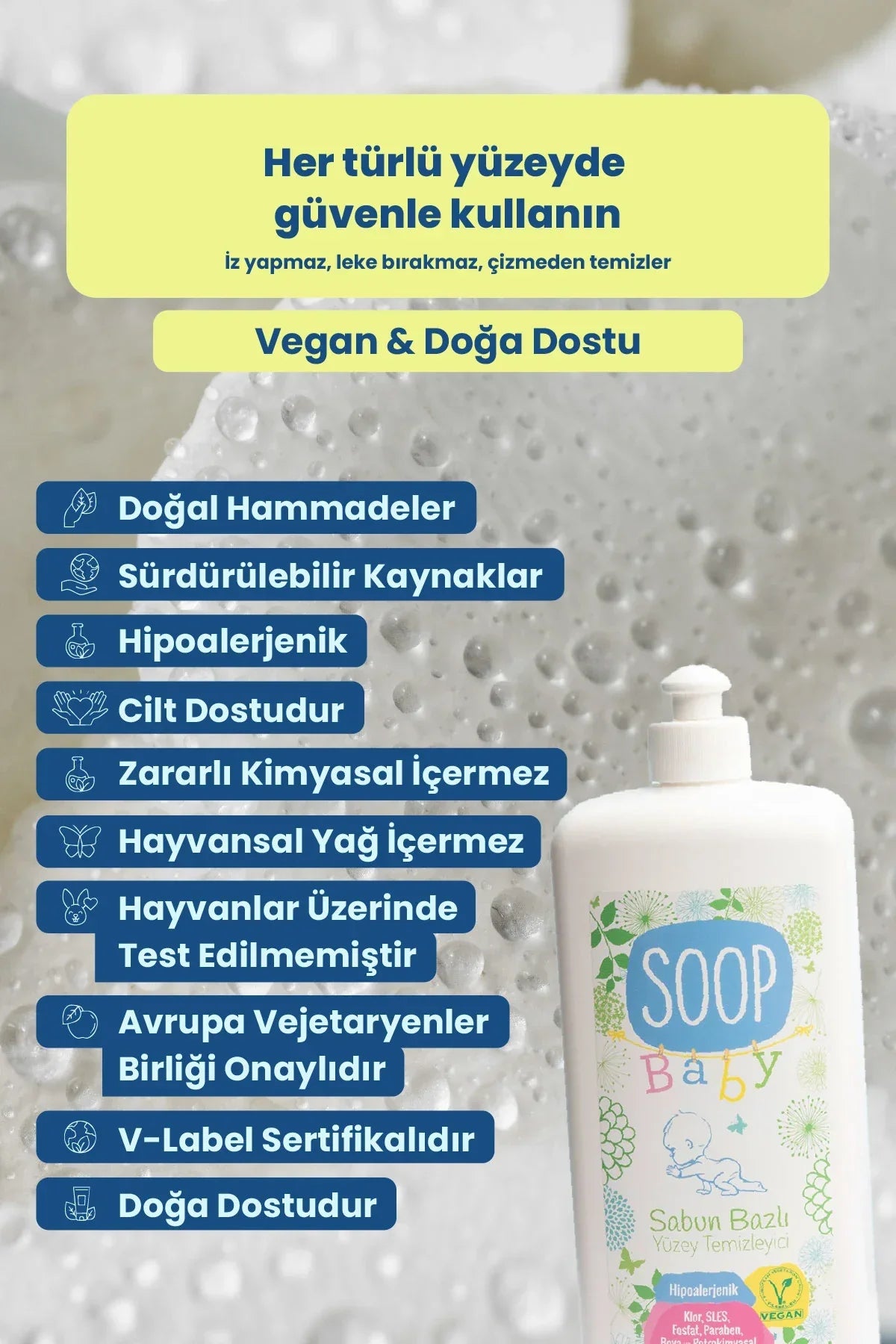Soop Baby hipoalerjenik, doğal malzemeli, vegan yüzey temizleyici şişesi ve özellikleri