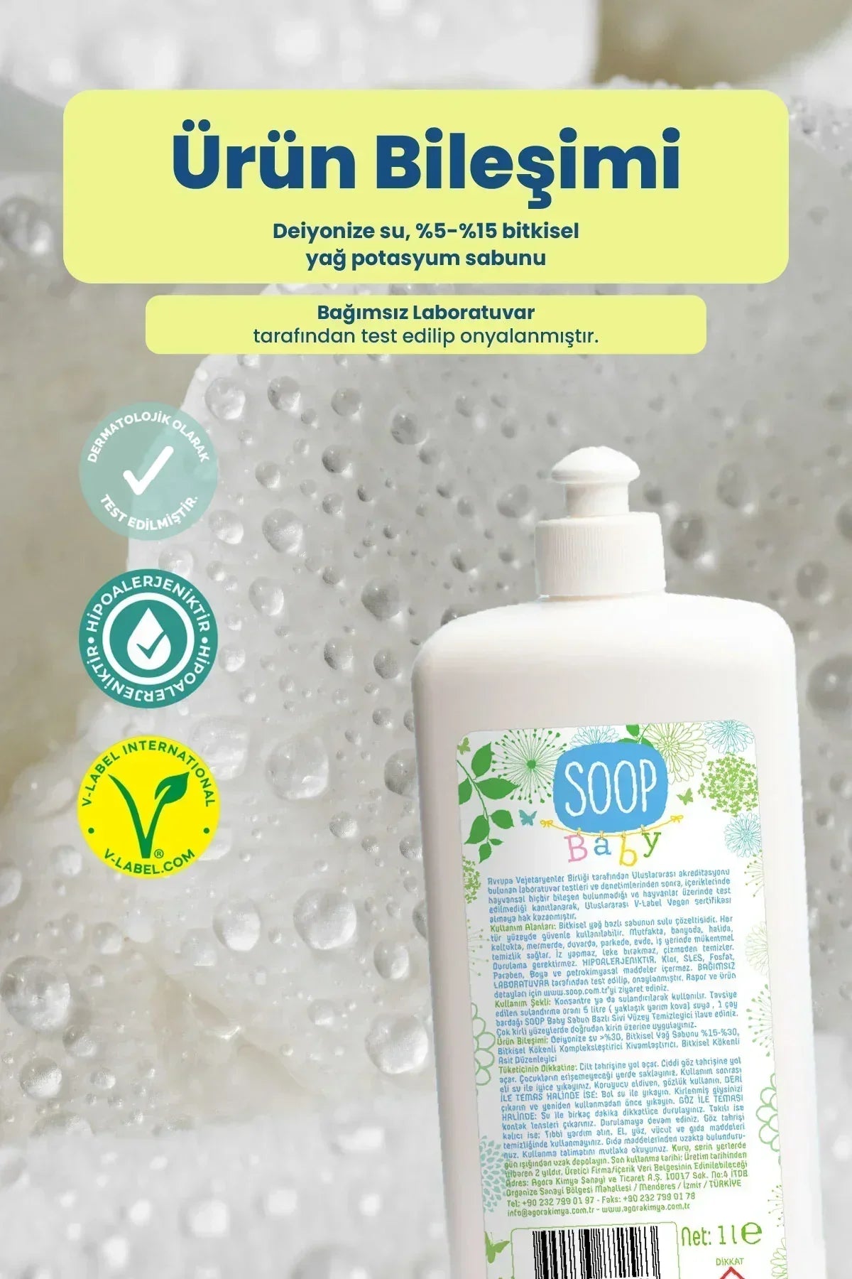 Soop Baby hipoalerjenik kokusuz yüzey temizleyici bileşenleri ve dermatolojik onay simgeleri