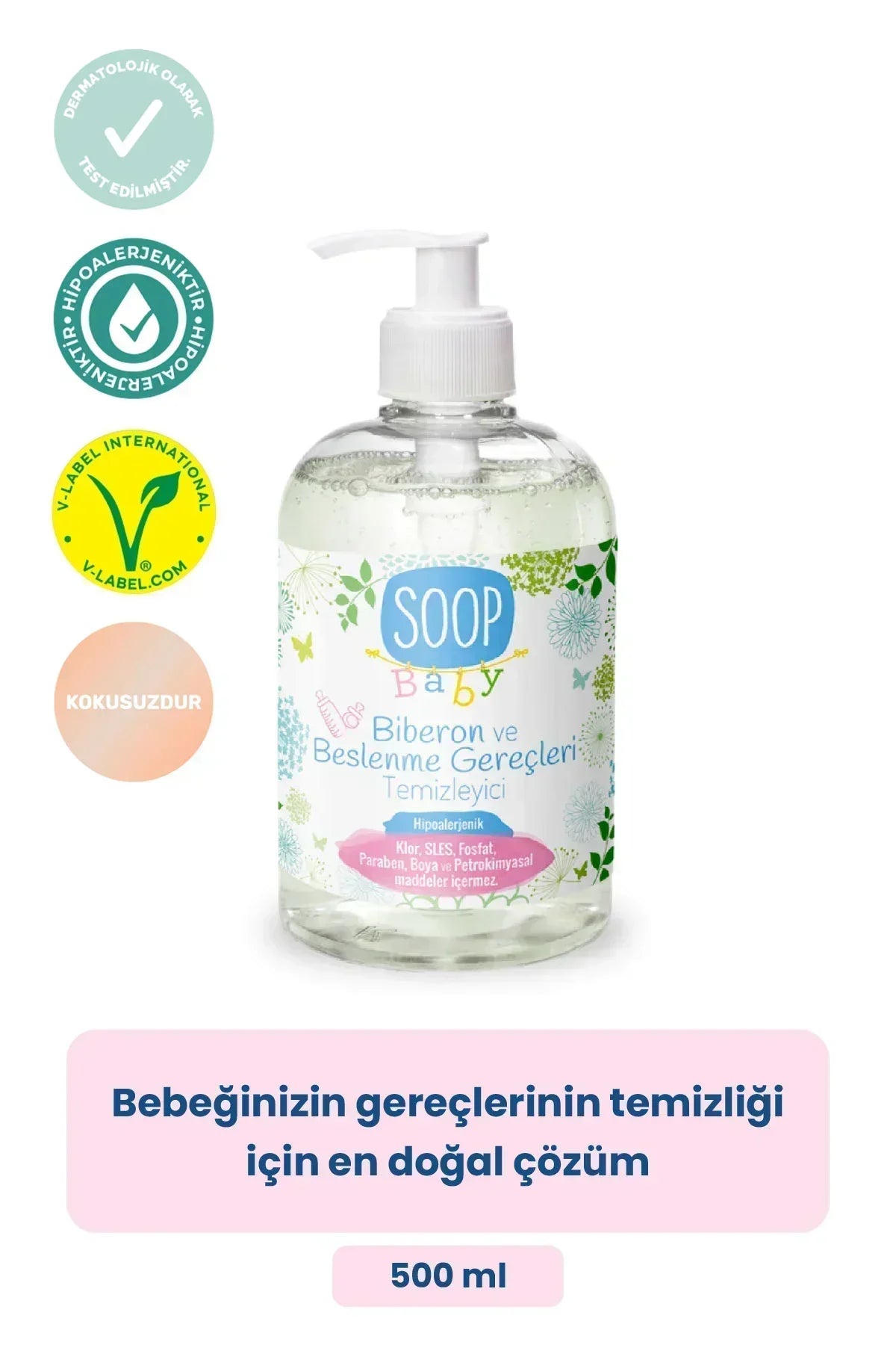 SOOP Baby biberon ve beslenme gereçleri temizleyici, hipoalerjenik, kokusuz, 500 ml pompalı şişe