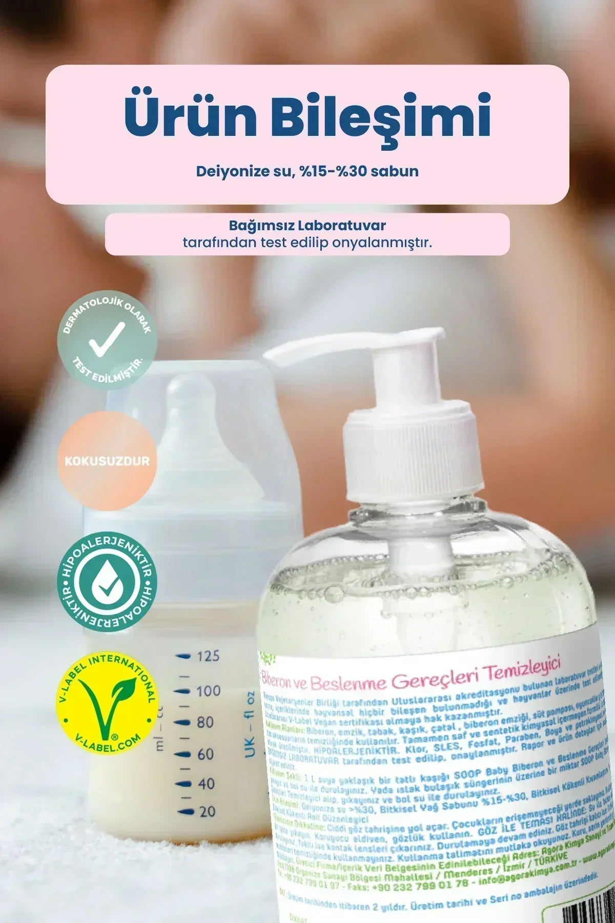 Biberon ve beslenme gereçleri için temizleyici şişesi ve bebek biberonu detaylı ürün bileşimi etiketi