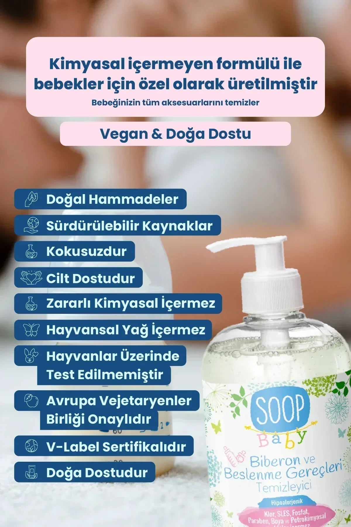 Kimyasal içermeyen doğal Soop Baby biberon ve beslenme gereçleri temizleyici, vegan ve doğa dostu