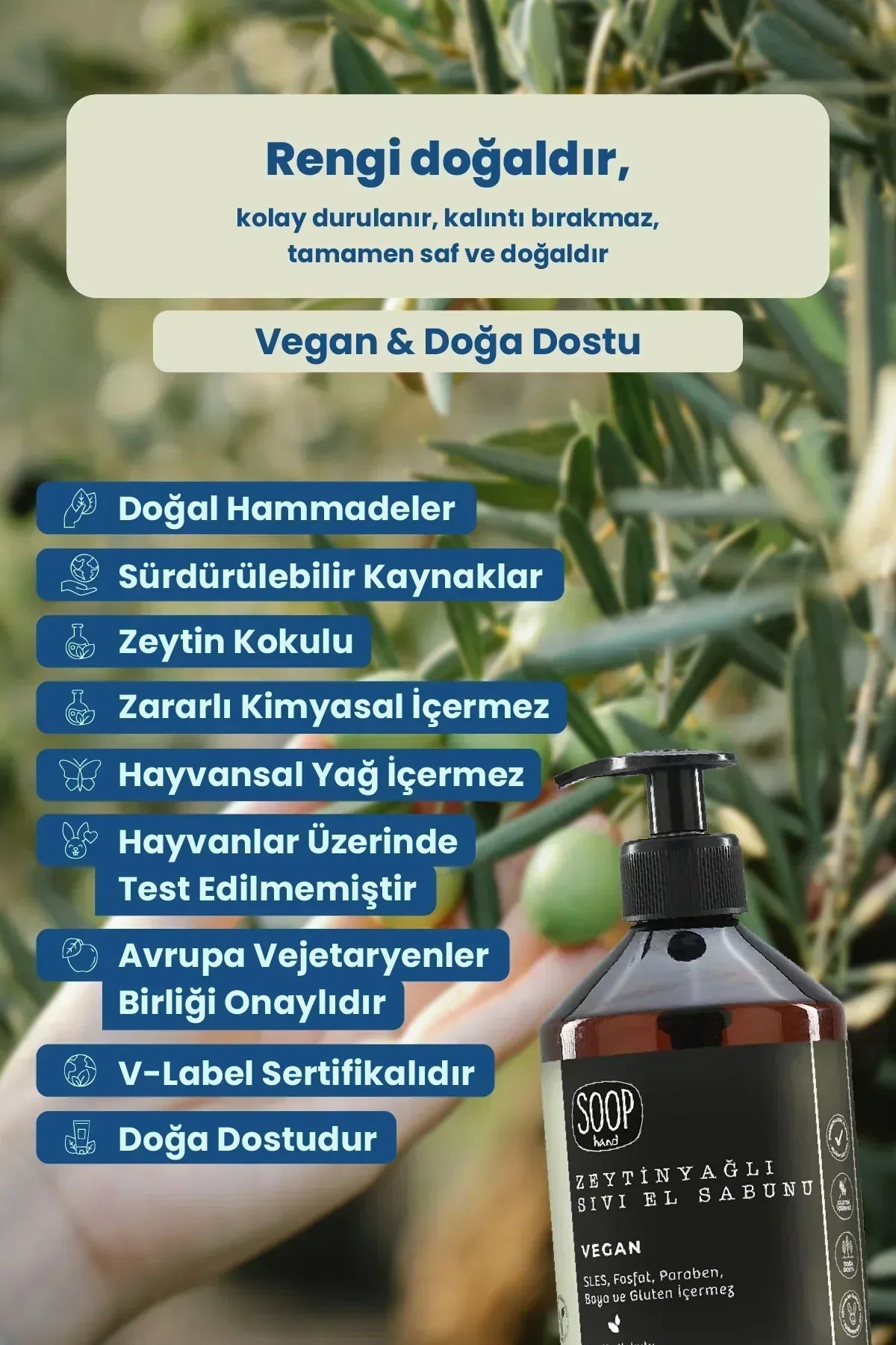 Zeytinyağlı sıvı el sabunu kutusu ve zeytin dalı, vegan, doğal ve sürdürülebilir ürün özellikleri