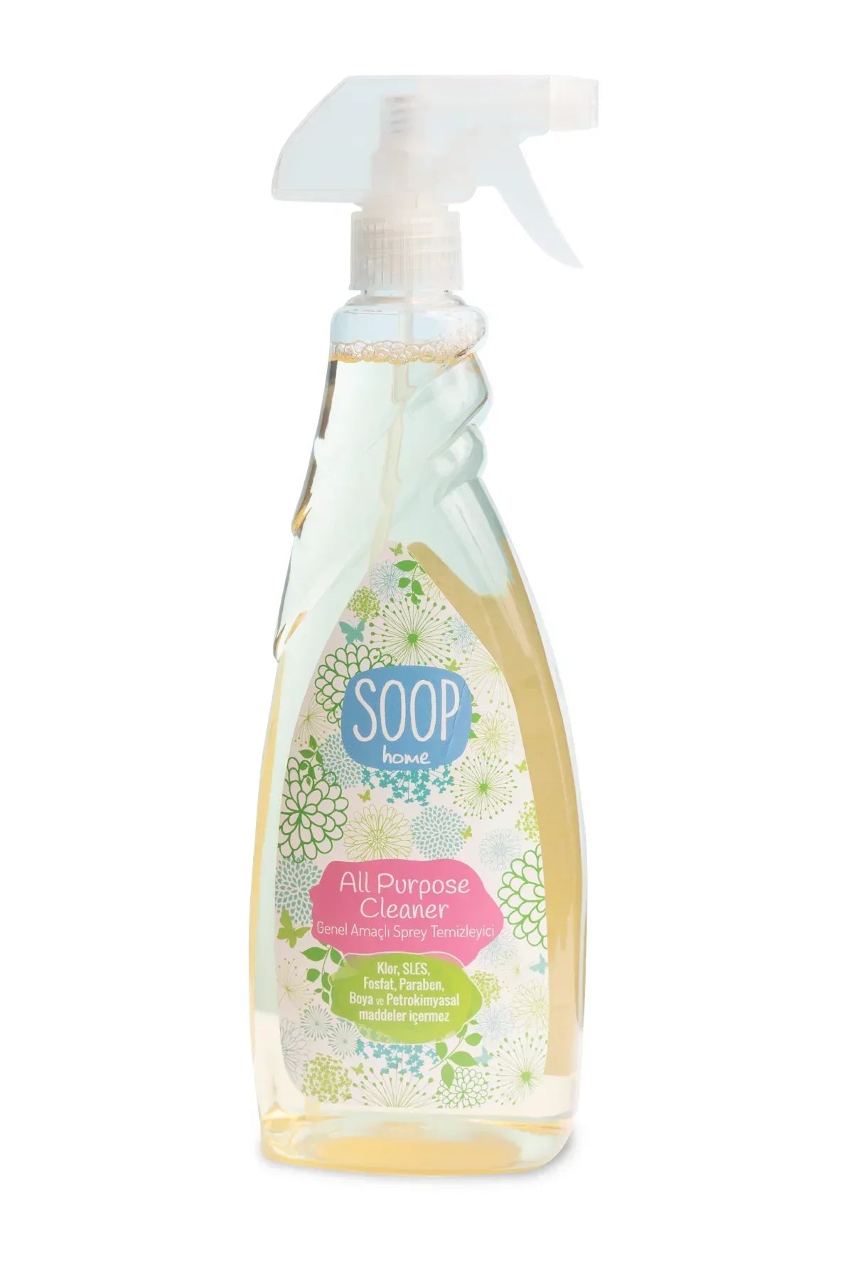 Soop home çok amaçlı sprey temizleyici şişesi, doğal ve paraben içermez, floral etiketli