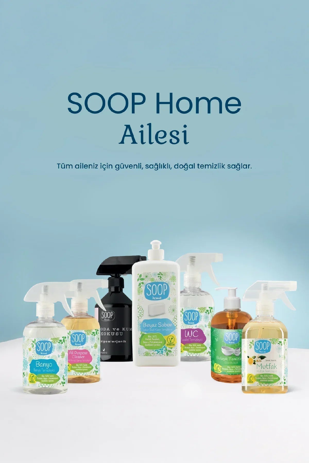 SOOP Home doğal ve sağlıklı temizlik ürünleri seti, banyo, mutfak ve genel temizlik spreyleri
