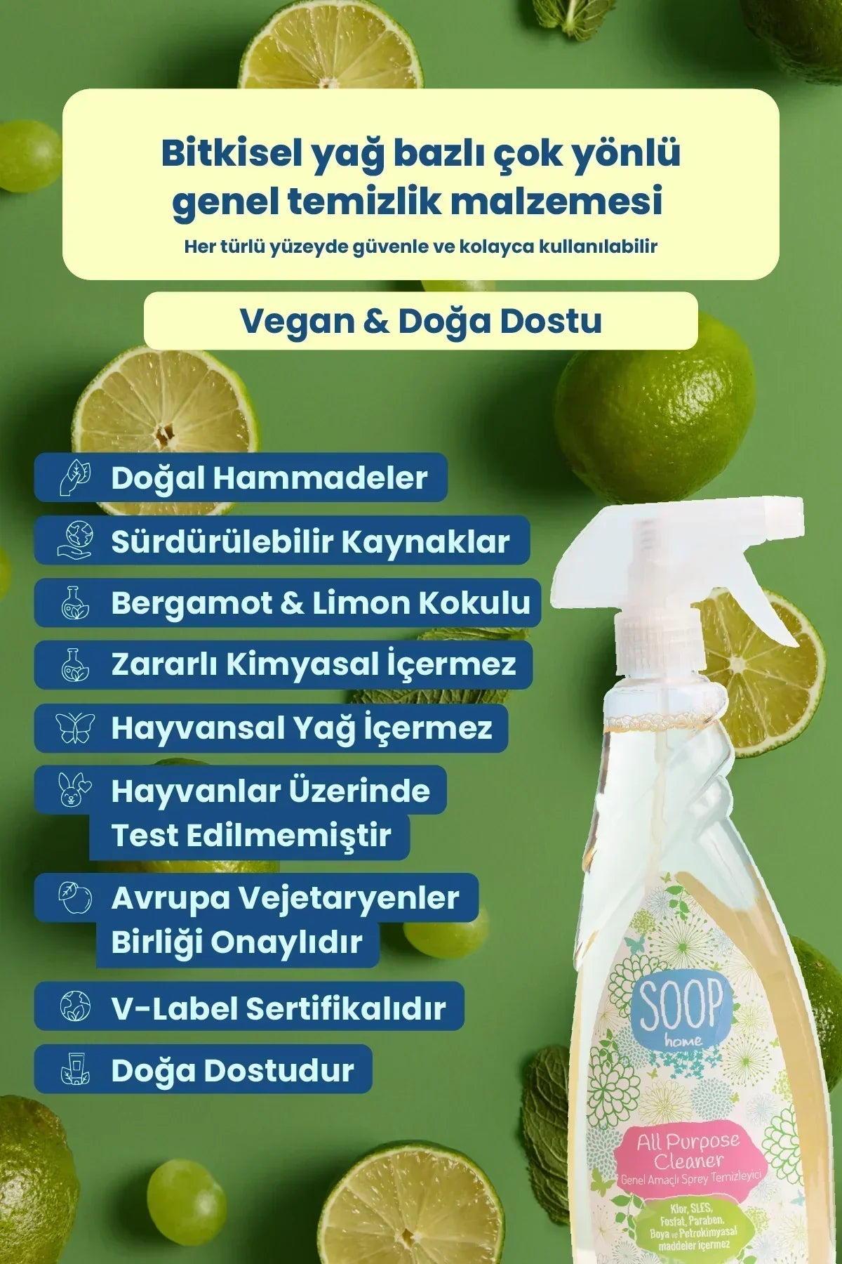 Bitkisel yağ bazlı vegan çok yönlü temizleyici sprey Şişesi, bergamot ve limon dilimleri arka planda
