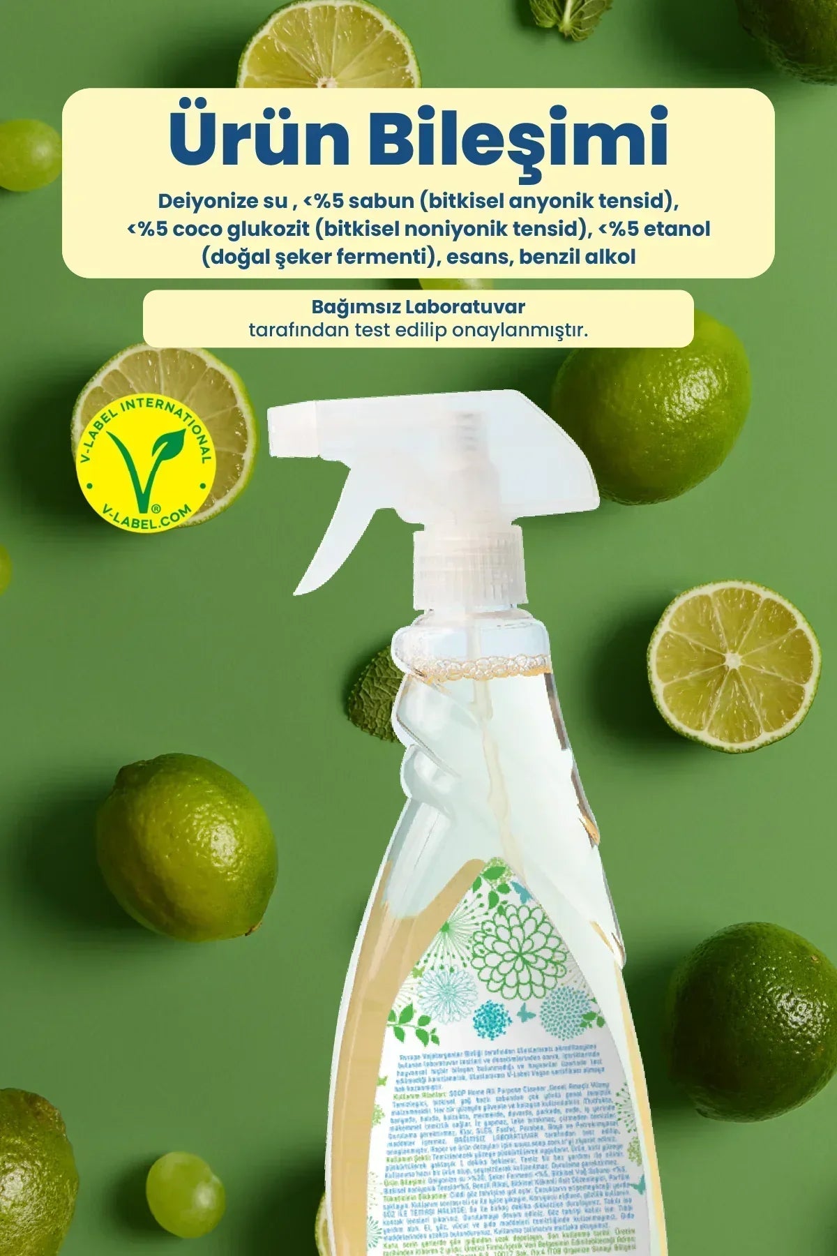 Limon ve yeşil yapraklar arka planda, doğal içeriklerle formüle edilmiş sprey şişe ve ürün bileşimi bilgisi