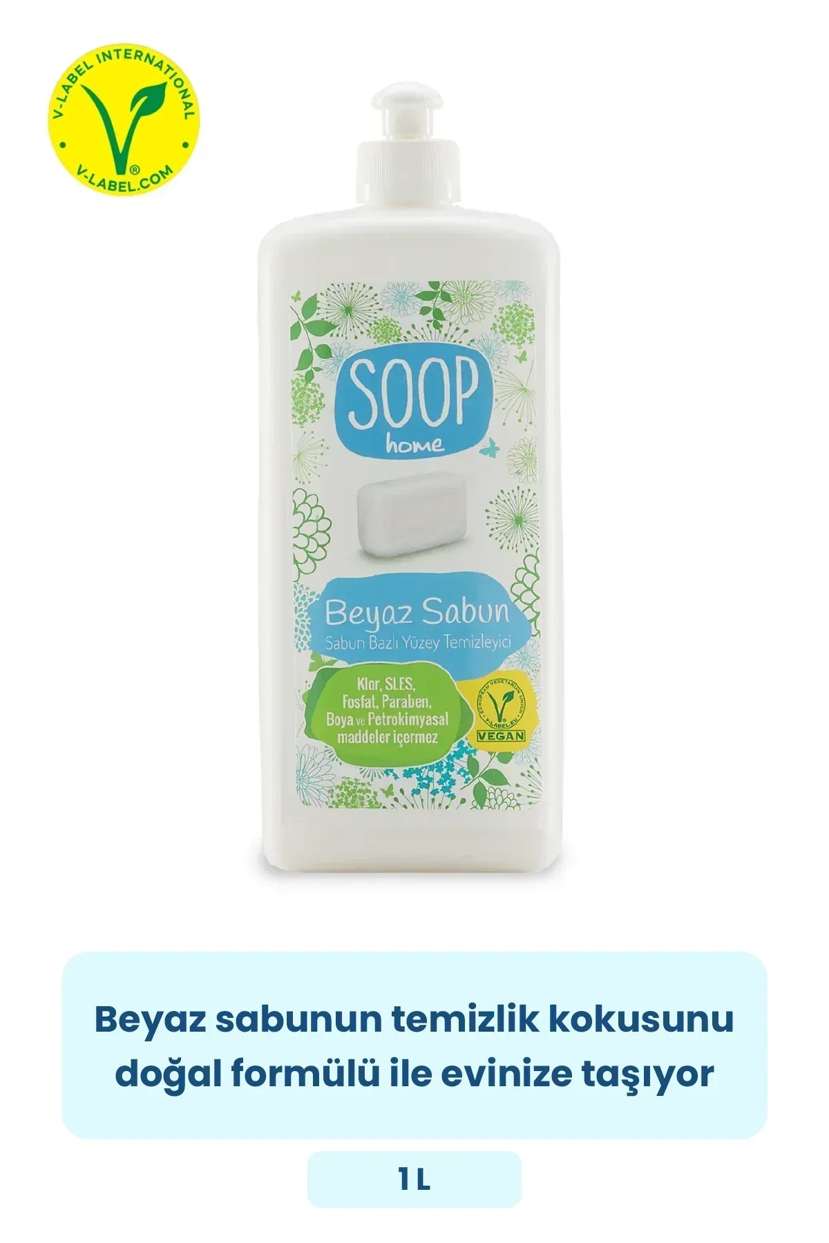 Soop Home beyaz sabun sıvı deterjan, doğal formüllü vegan yüzey temizleyici, plastik pompalı şişe