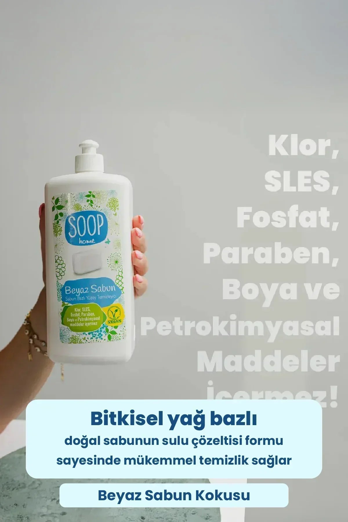 Bitkisel yağ bazlı SOOP Home Beyaz Sabun sıvı temizlik ürünü, kimyasal içermeyen vegan formül