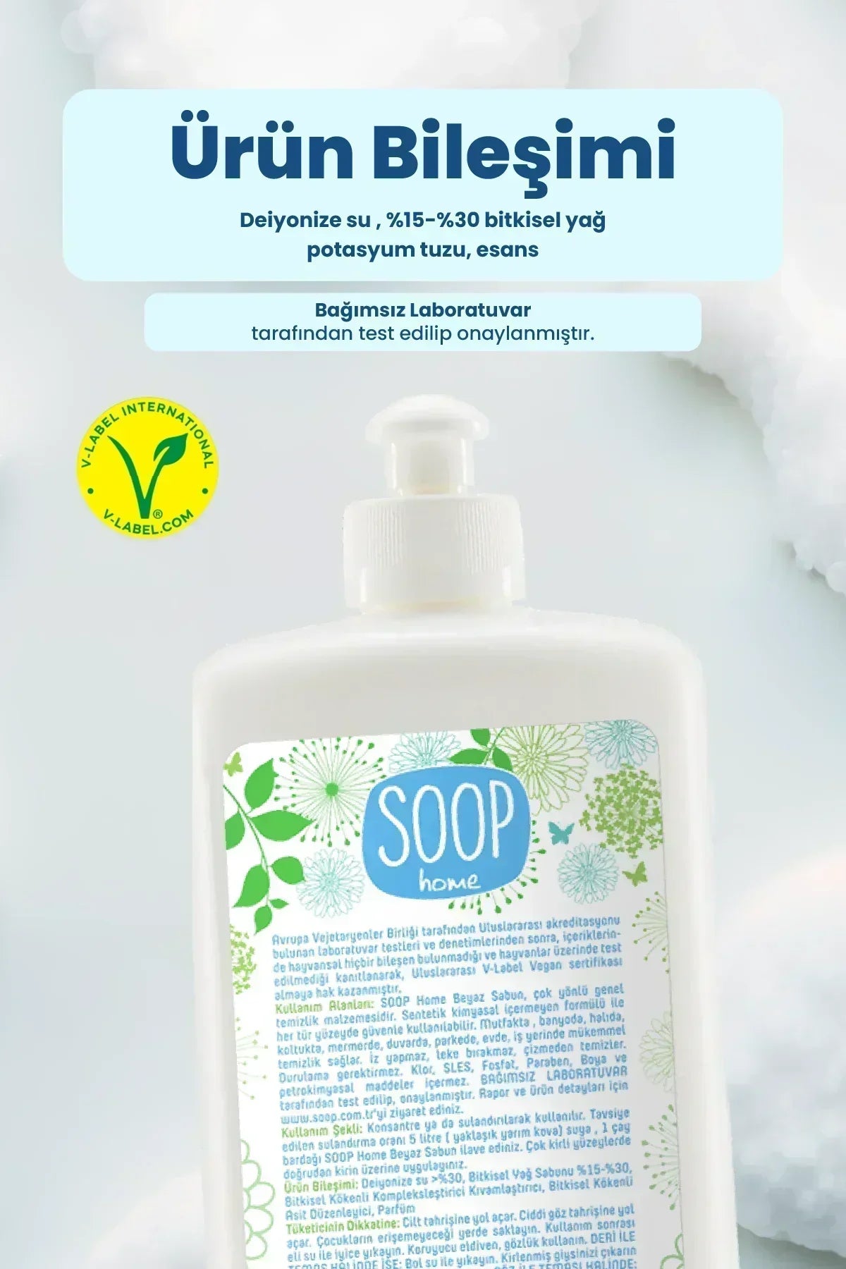 SOOP home beyaz sıvı sabun şişesi, bitkisel yağlı vegan formül, doğal temizlik ürünü