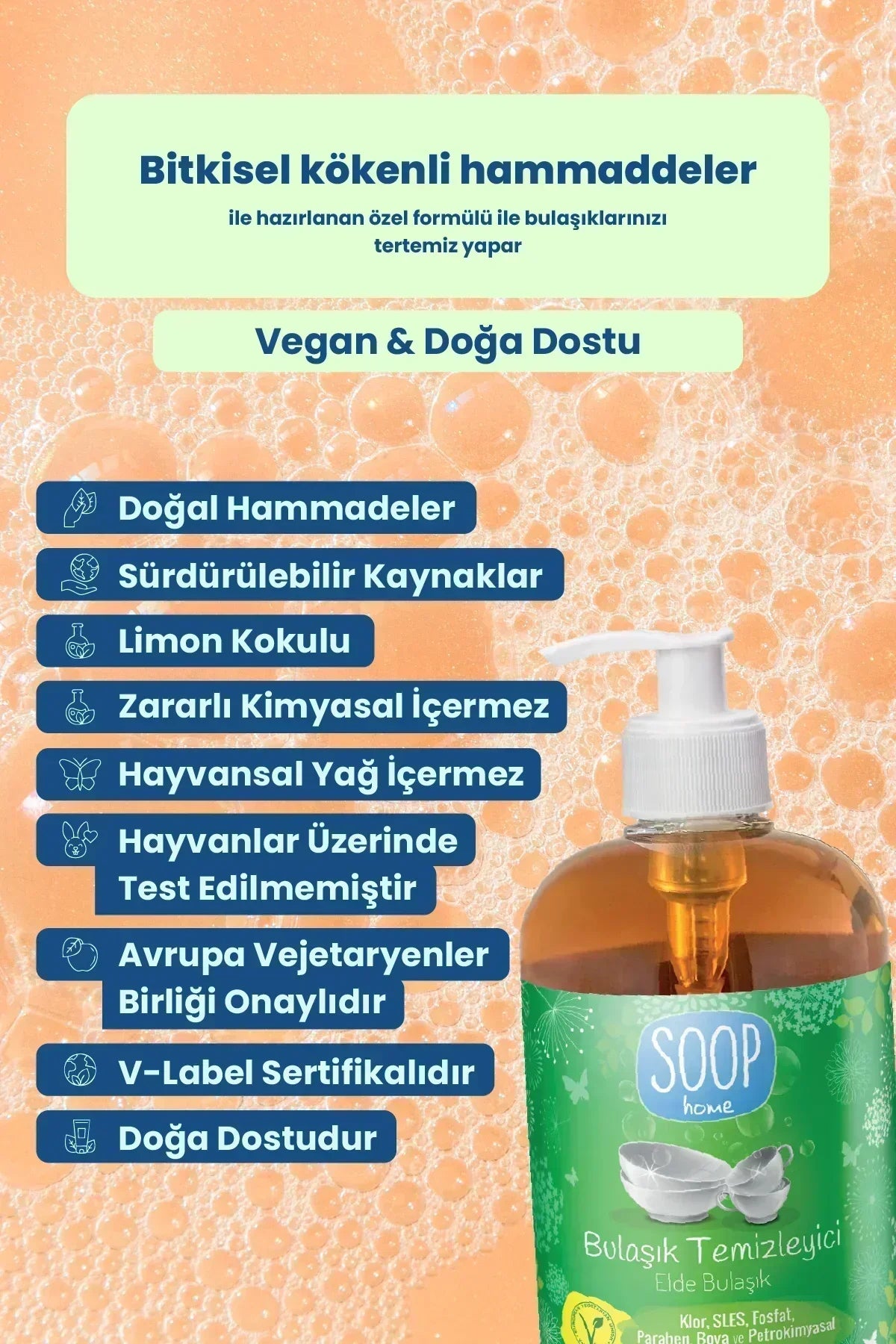 Bitkisel kökenli, limon kokulu vegan bulaşık temizleyici şişesi ve çevresinde ürünün doğa dostu özellikleri