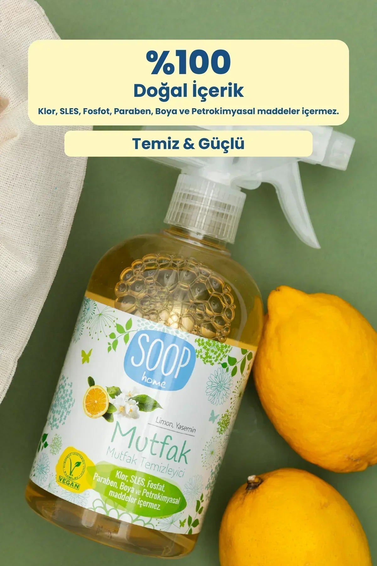 SOOP home limon ve yasemin kokulu mutfak temizleyici sprey şişesi ve iki limon