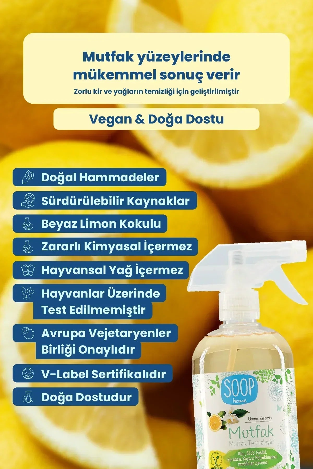 Limon kokulu vegan, doğa dostu mutfak temizleyici sprey şişesi ve detaylar