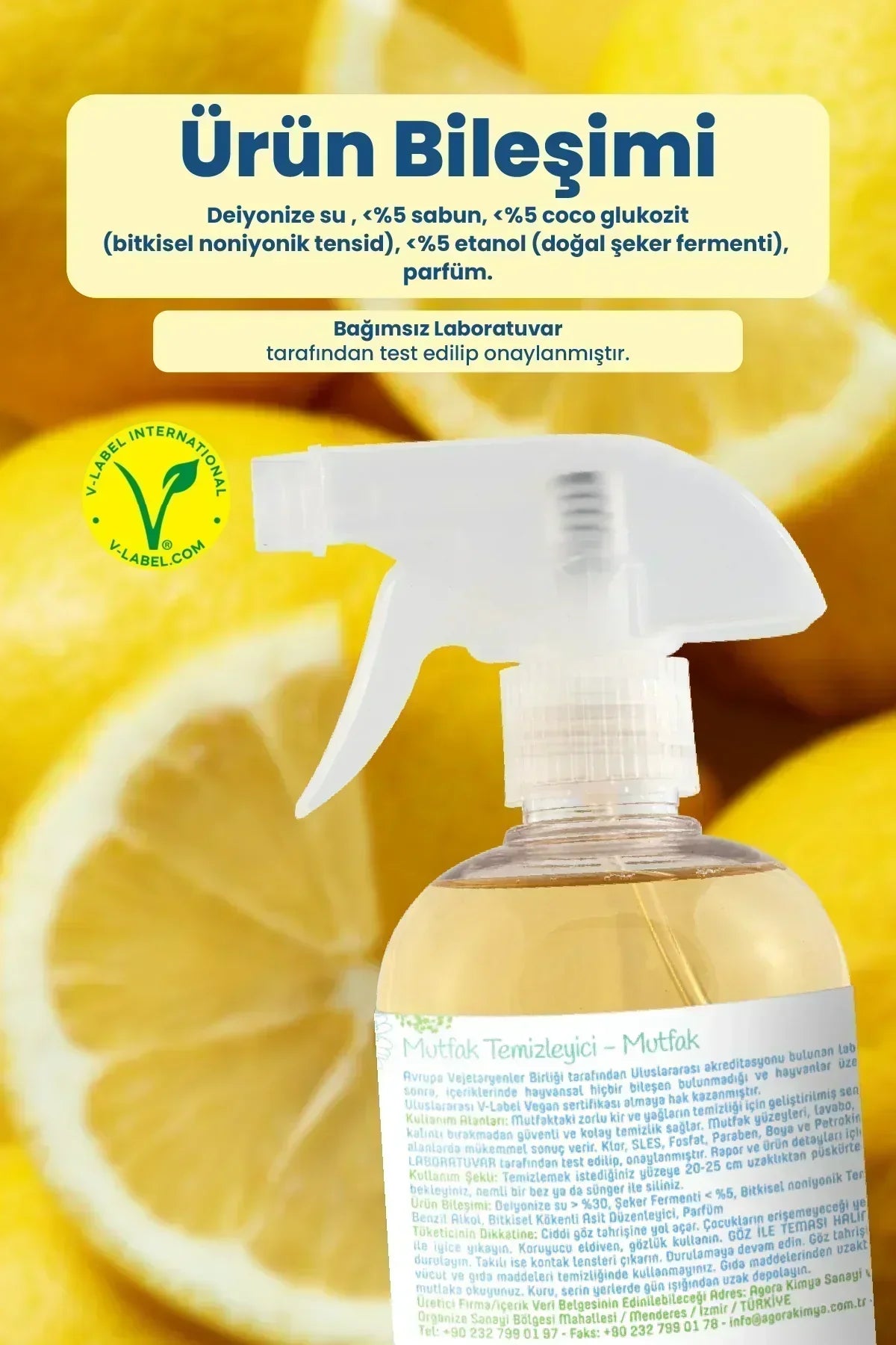 Limon arka planlı mutfak temizleyici sprey şişesi ve ürün bileşimi açıklaması