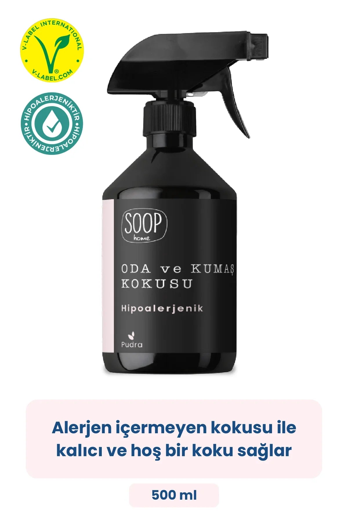 SOOP home oda ve kumaş kokusu şişesi, hipoalerjenik kalıcı pudra kokulu oda spreyi 500 ml