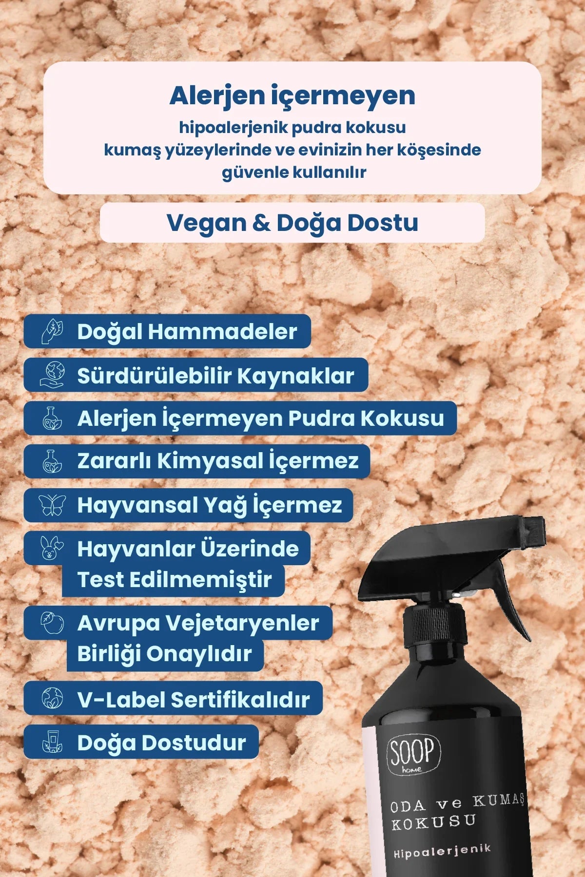 Soop home hipoalerjenik oda ve kumaş kokusu spreyi doğal, vegan, alerjen içermeyen pudra kokusu