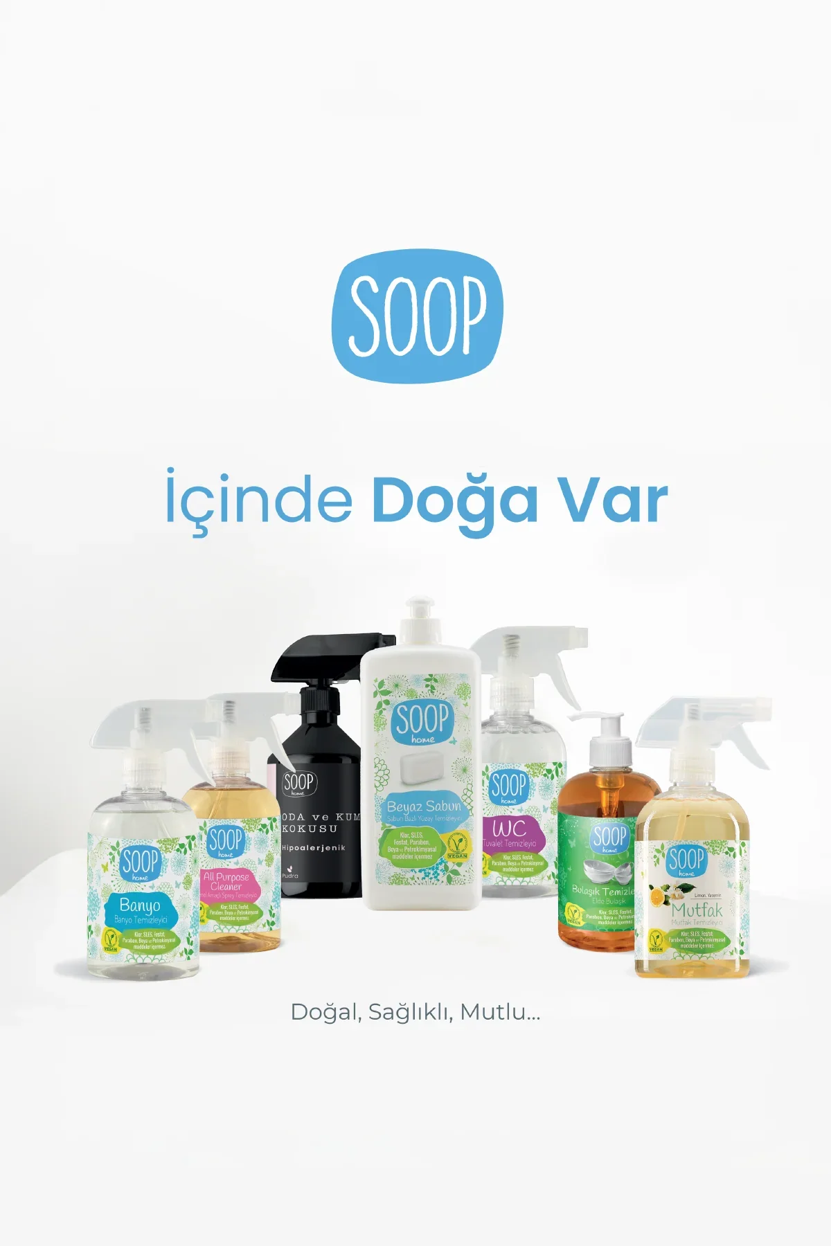 Soop marka doğal ev temizleyicileri, banyo, mutfak ve beyaz sabun ürünleri seti