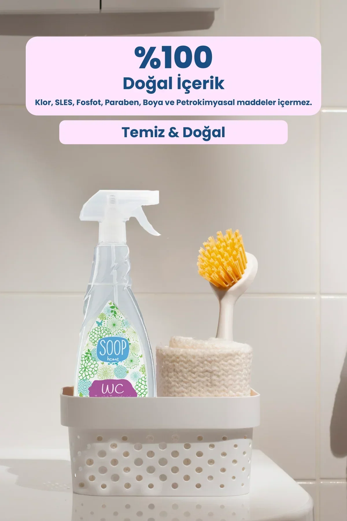 Soop home doğal içerikli WC temizleyici sprey, fırça ve bezle beyaz plastik depolama kutusunda