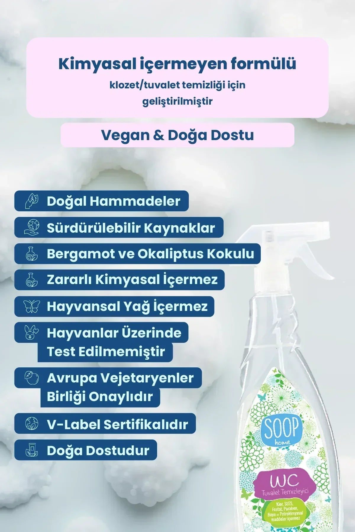 SOOP home doğal ve vegan formüllü WC tuvalet temizleyici sprey, kimyasal içermez, doğa dostu