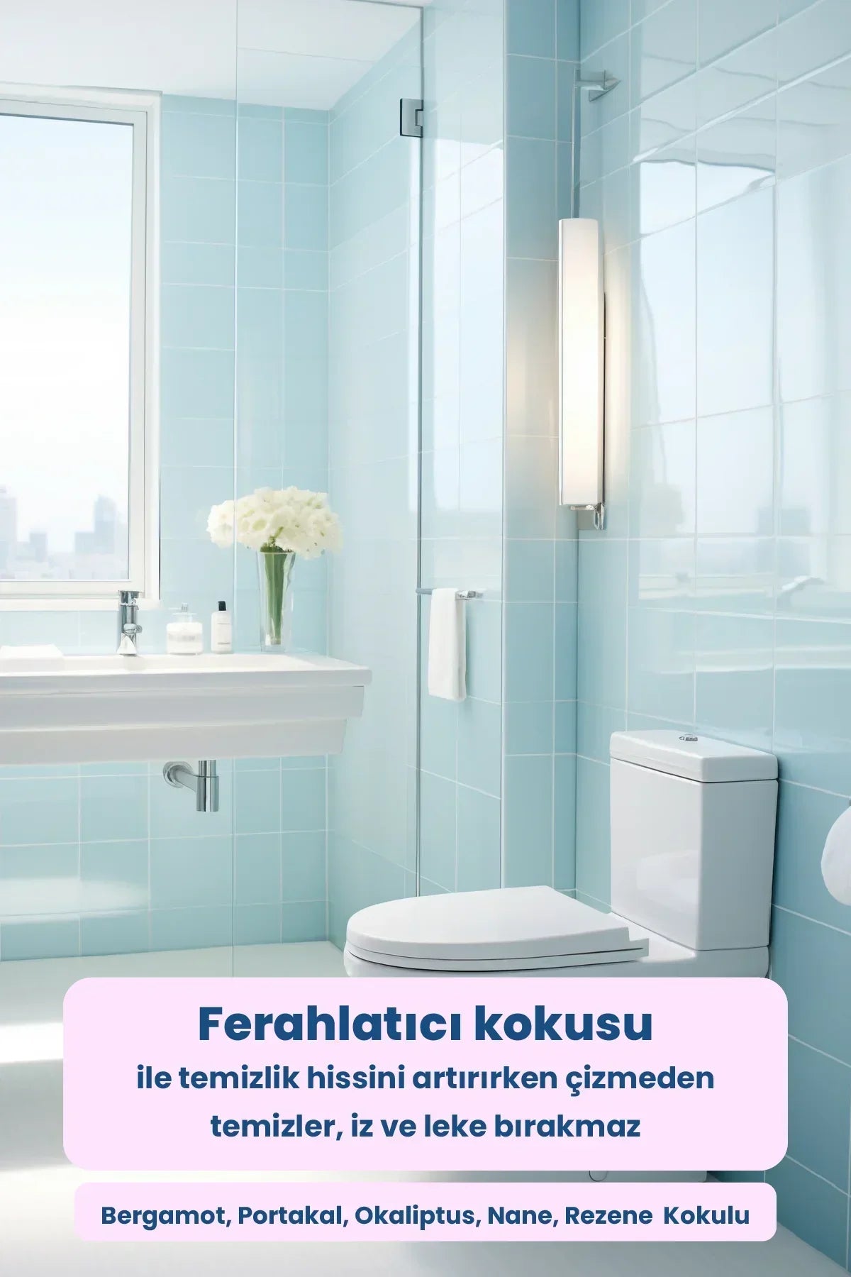 Mavi fayanslı temiz banyoda beyaz klozet ve lavabonun yanında ferahlatıcı kokulu temizlik ürünü reklamı