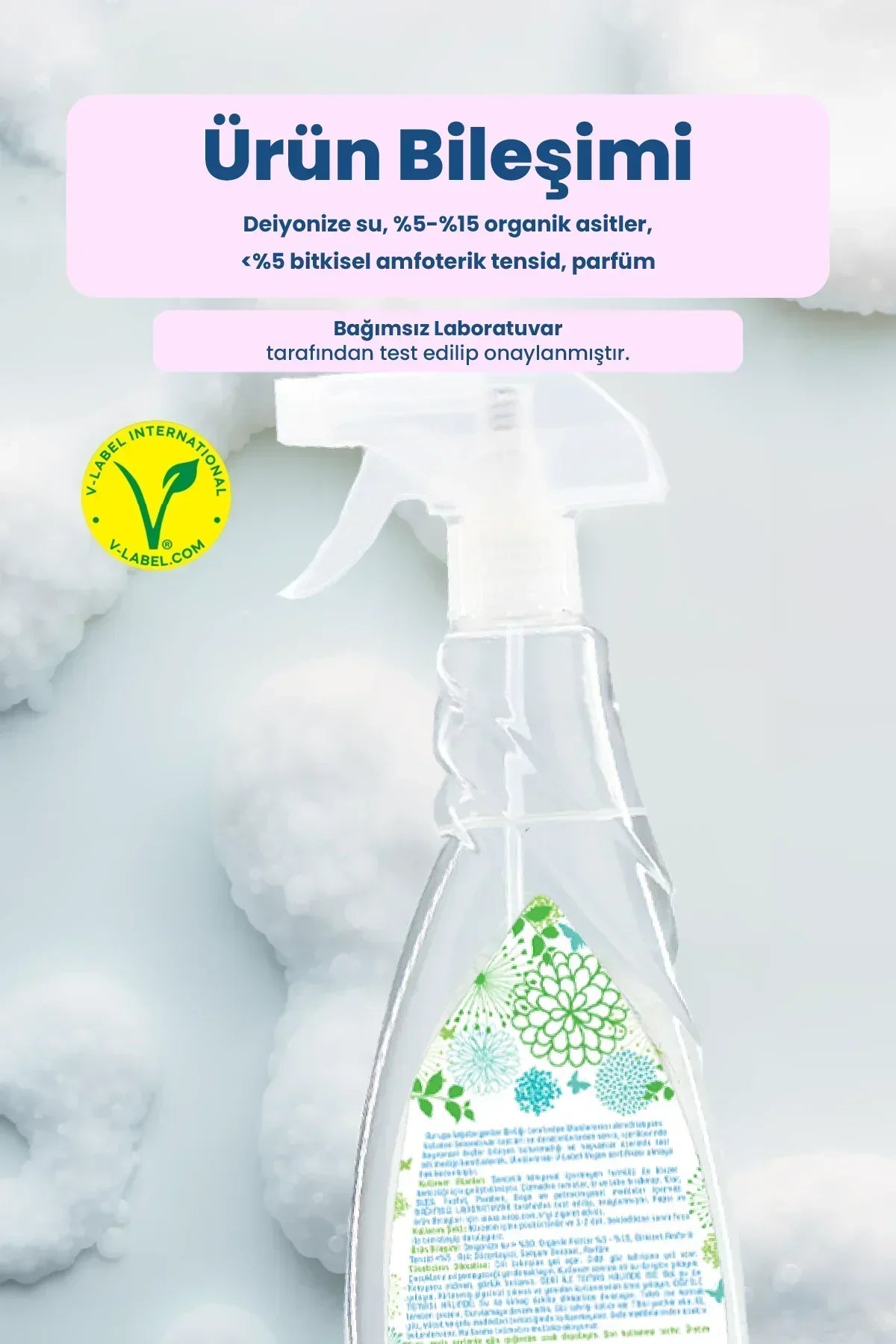 Şeffaf sprey şişede organik asit ve bitkisel tensid içeren doğal yüzey temizleyici ürün tasarımı