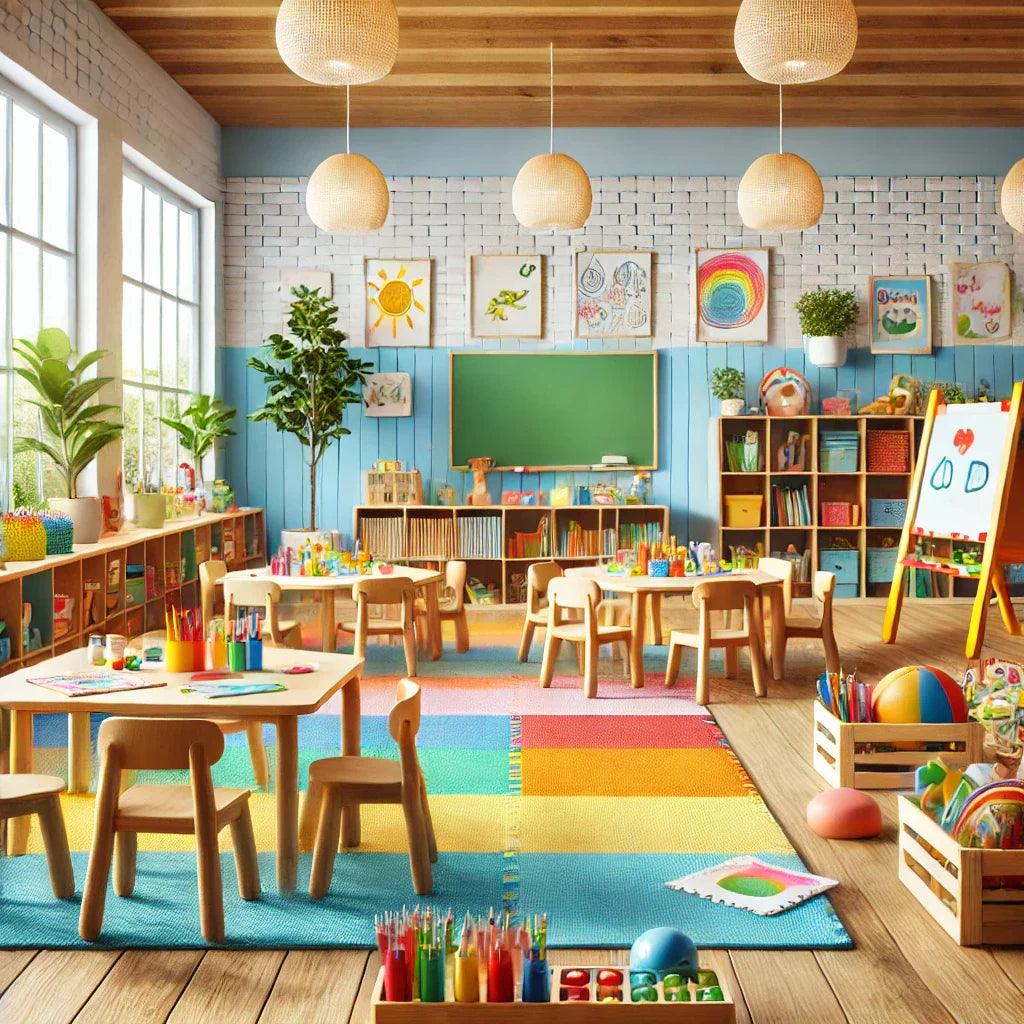 Renkli halı, küçük masalar ve sandalyelerle düzenlenmiş, çocuk çizimleri ve oyuncaklarla donatılmış aydınlık anaokulu sınıfı