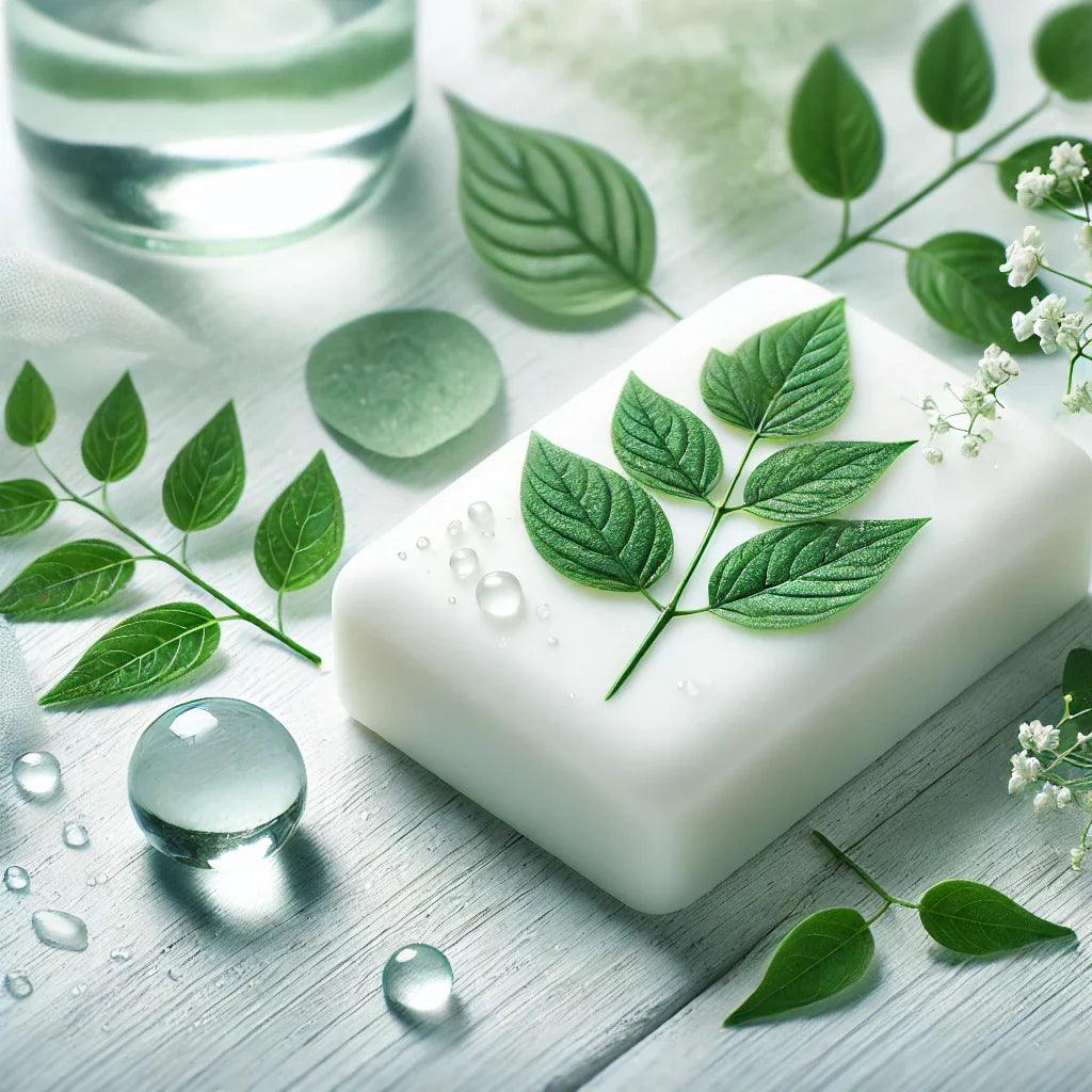 Yeşil yapraklar ve su damlalarıyla süslenmiş beyaz sabun ve doğal sağlıklı bakım konsepti