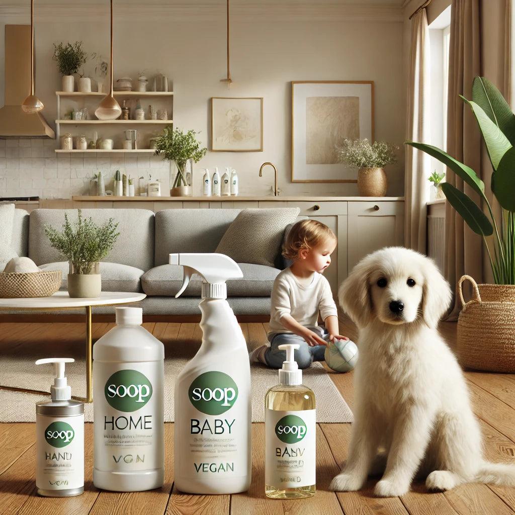 Soop markalı vegan bebek ve ev temizlik ürünleri, çocuk ve köpek ile modern oturma odasında