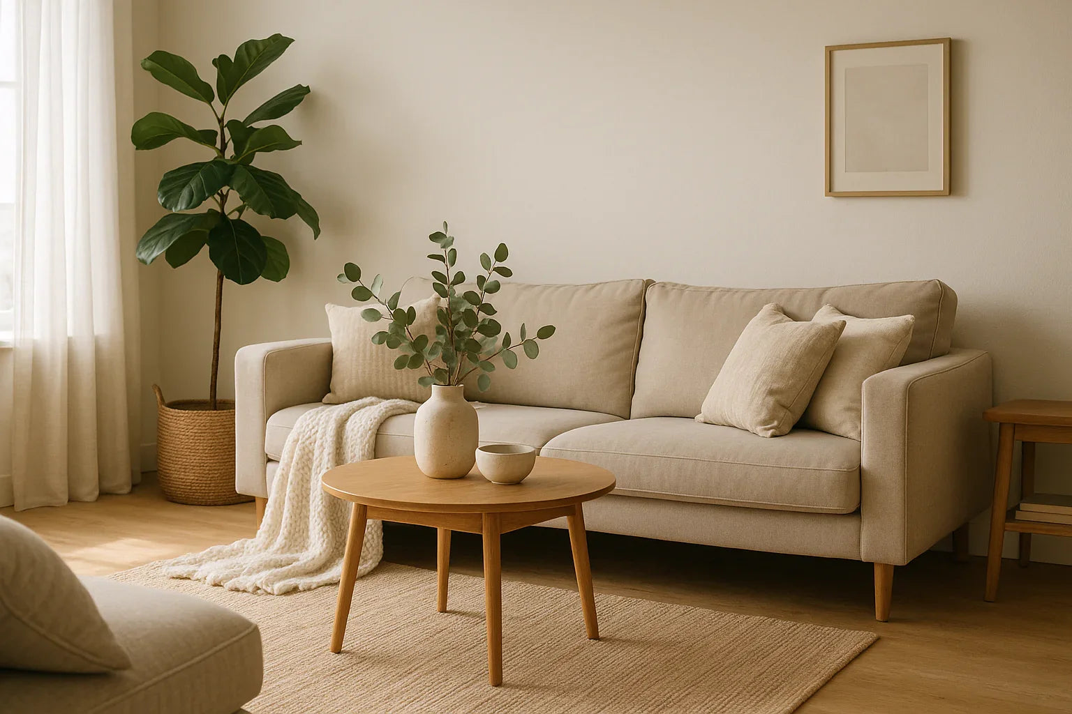 Bej renkli koltuk, ahşap sehpa ve doğal bitki dekorlu huzurlu oturma odası