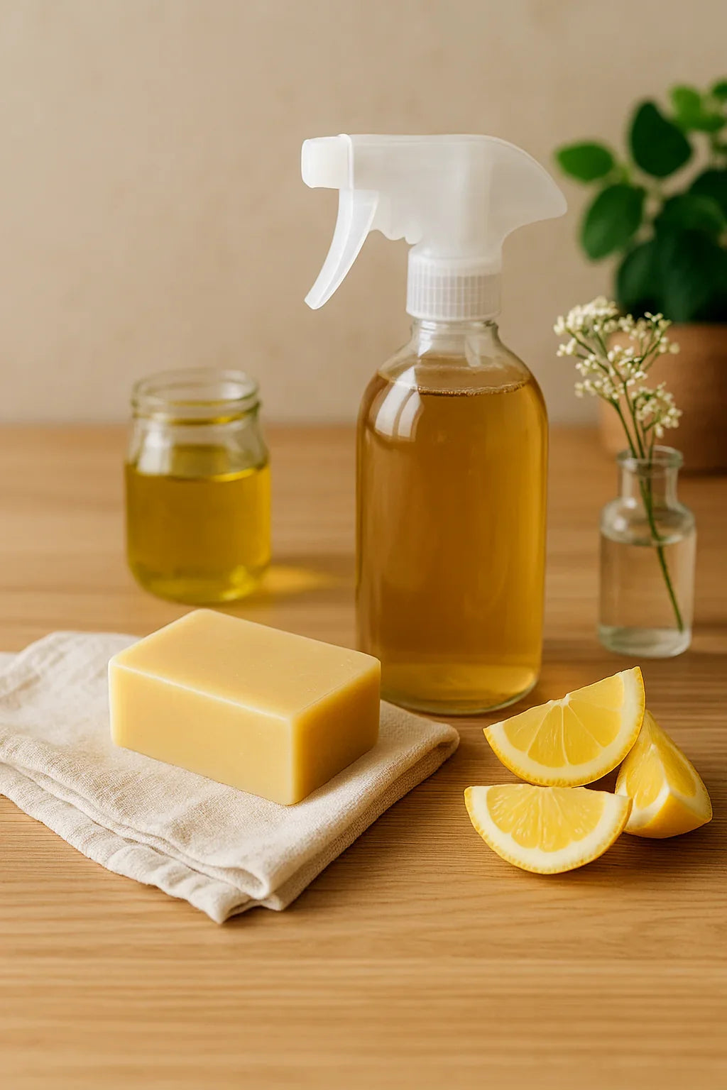 Temiz içerik için doğal temizlik malzemeleri, limon dilimleri, sabun ve sprey şişesi