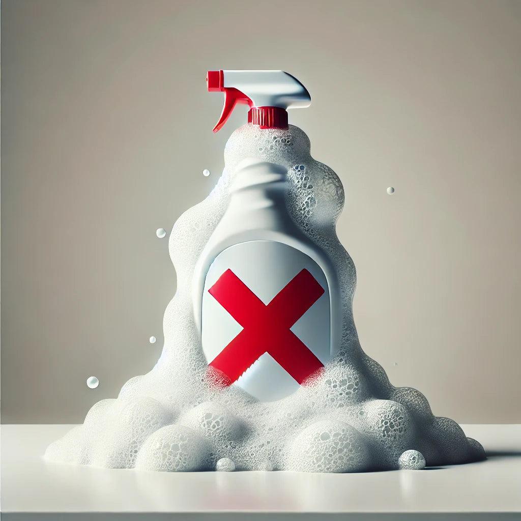Köpüklü temizlik spreyi şişesi üzerine kırmızı çarpı işareti, doğal olmayan temizlik ürünleri uyarısı