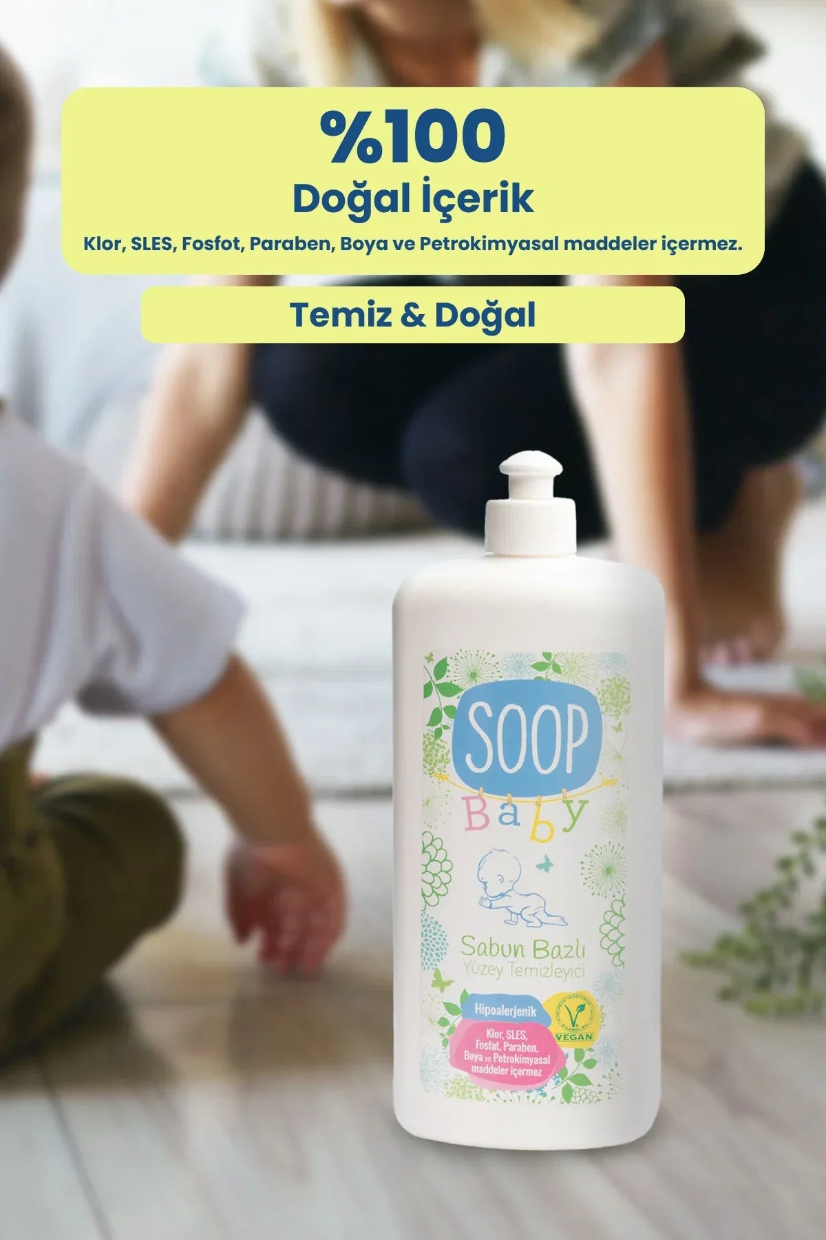 Soop Baby sabun bazlı hipoalerjenik yüzey temizleyici şişesi, doğal içerik ve vegan etiketi